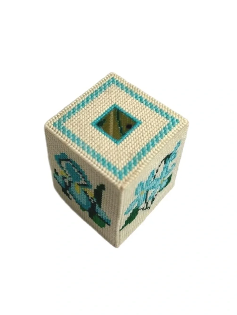 Vintage Handmade Needlepoint Tissue Box Cover with Blue Floral Design